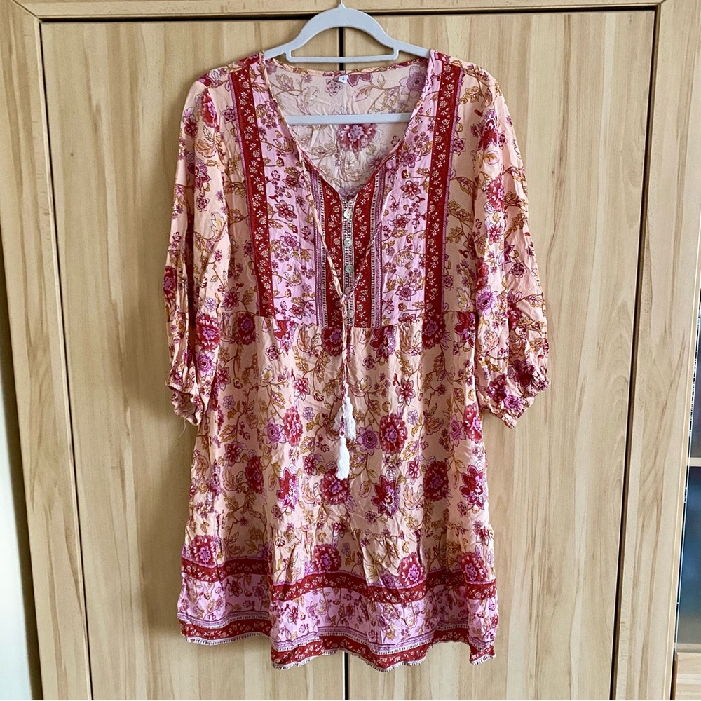 BOHO Floral Pink and Cream Dress With Tassel Detail 🌸 - Picture 7 of 14